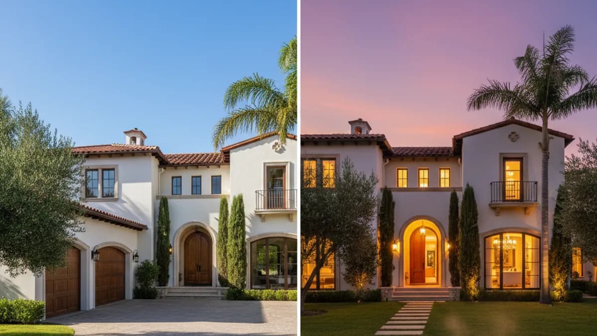 Day-to-dusk dönüşümü — gündüzden alacakaranlığa villa fotoğrafı