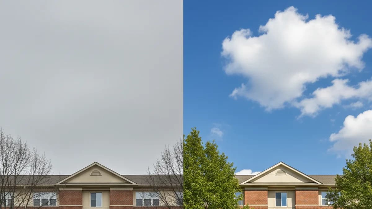 AI gökyüzü düzeltme — gri gökyüzünden mavi gökyüzüne dönüşüm