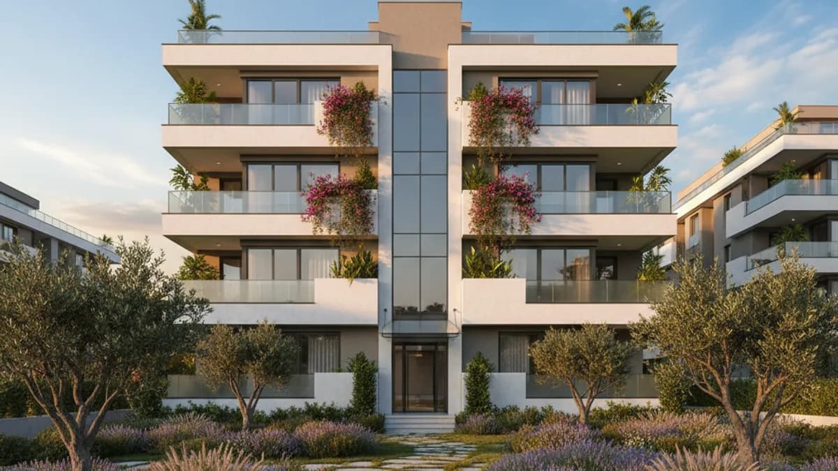 Profesyonel dış cephe emlak fotoğrafı — mavi gökyüzü ve bakımlı bahçe