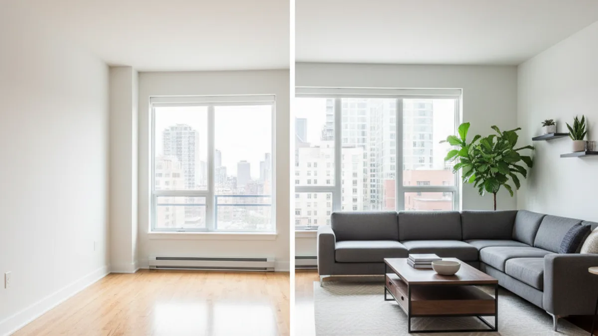 Sanal home staging öncesi ve sonrası — boş oda ve mobilyalı oda karşılaştırması