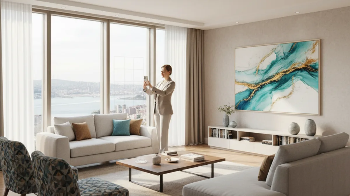 Emlak danışmanı akıllı telefonla profesyonel iç mekan fotoğrafı çekerken